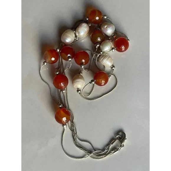 Sterling Silver 925 Multi Layered Pearl Necklace Carnelian Beads Gold Accents - Picture 6 of 8